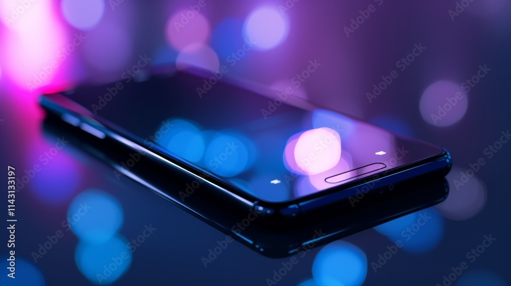 A sleek black smartphone lying on a reflective surface, surrounded by vibrant blue and purple bokeh lights, creating a futuristic and modern aesthetic. AI generated.