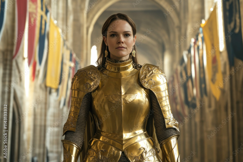 Young caucasian female knight in golden armor standing in grand cathedral interior Young caucasian female knight in golden armor standing in grand cathedral interior