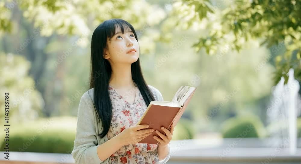 Asian woman reading book outdoors in park, surrounded by greenery and sunlight Asian woman reading book outdoors in park, surrounded by greenery and sunlight