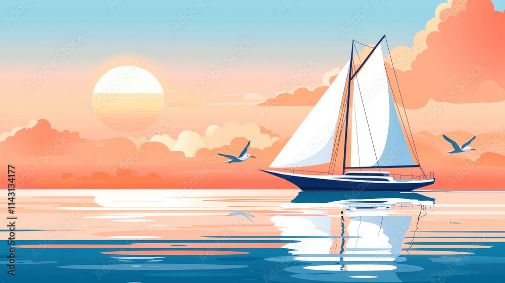 Naklejka premium A stylized flat design depicting a yacht sailing on calm waters, surrounded by seagulls and set against a distant horizon, capturing a serene maritime scene.