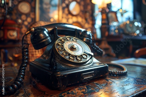 Old rotary phone sitting on a desk with vintage map and other antiques in the background