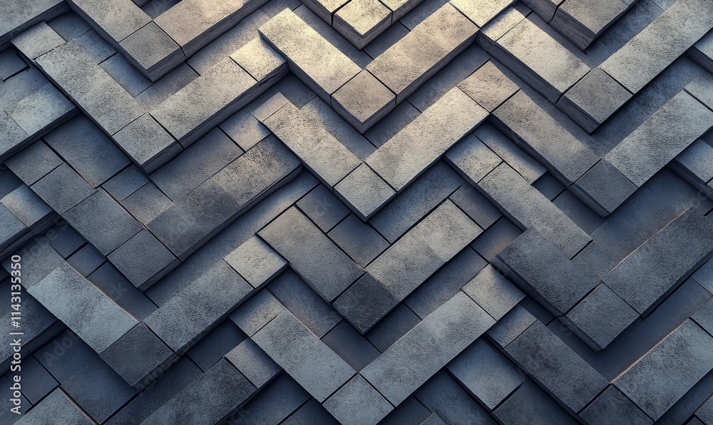 Futuristic, Concrete Mosaic Tiles arranged in the shape of a wall. Semigloss, Blocks stacked to create a Herringbone block background. Futuristic, Concrete Mosaic Tiles arranged in the shape of a wall. Semigloss, Blocks stacked to create a Herringbone block background.