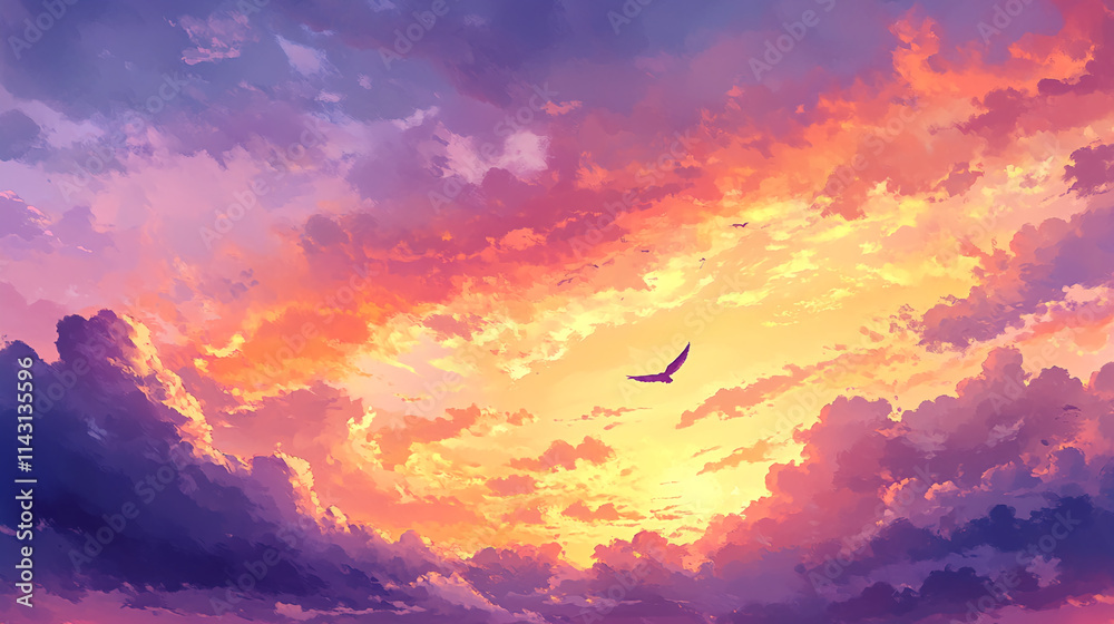 Vibrant sunset sky with colorful clouds and a soaring bird at dusk over a serene landscape Vibrant sunset sky with colorful clouds and a soaring bird at dusk over a serene landscape