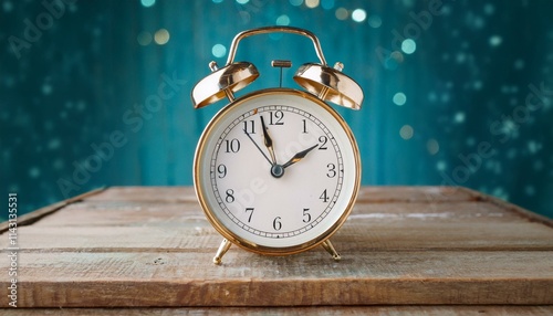 A classic alarm clock on an old-fashioned wooden desk,