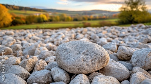 Close-up of a large, light gray, smooth river rock atop a field of similar rocks. Scenic background of rolling hills and autumn trees. photo