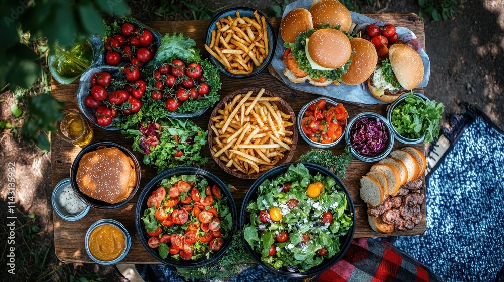 Overhead view of a picnic spread featuring fries, burgers, and colorful salads Overhead view of a picnic spread featuring fries, burgers, and colorful salads