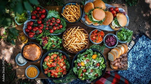 Overhead view of a picnic spread featuring fries, burgers, and colorful salads