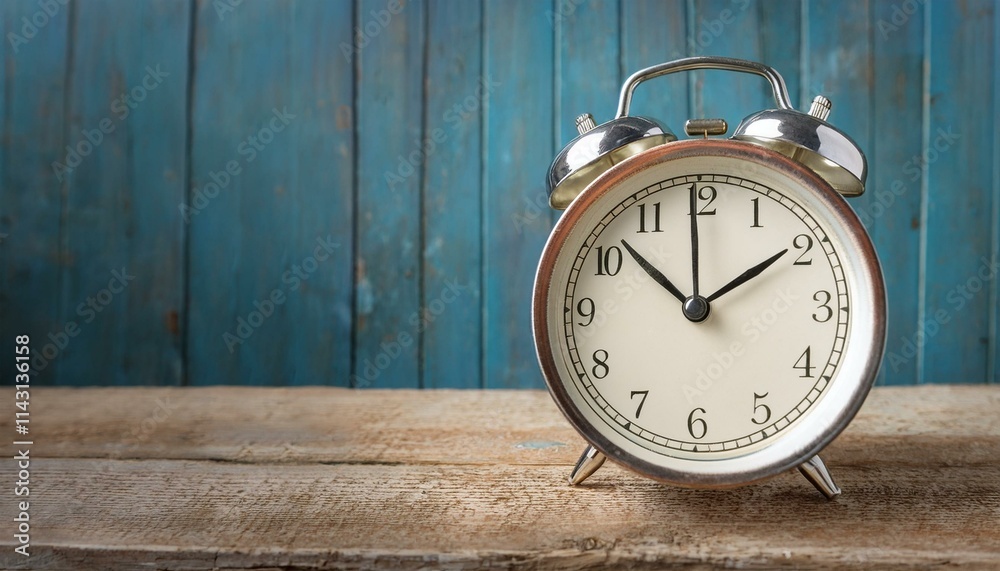 A classic alarm clock on an old-fashioned wooden desk,