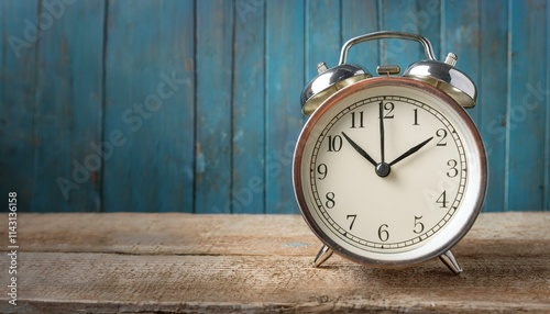 A classic alarm clock on an old-fashioned wooden desk,