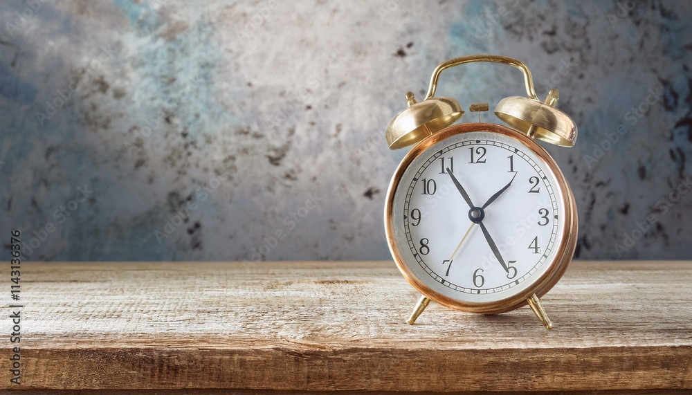 A classic alarm clock on an old-fashioned wooden desk,