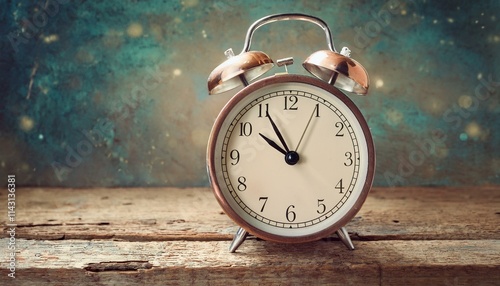 A classic alarm clock on an old-fashioned wooden desk,