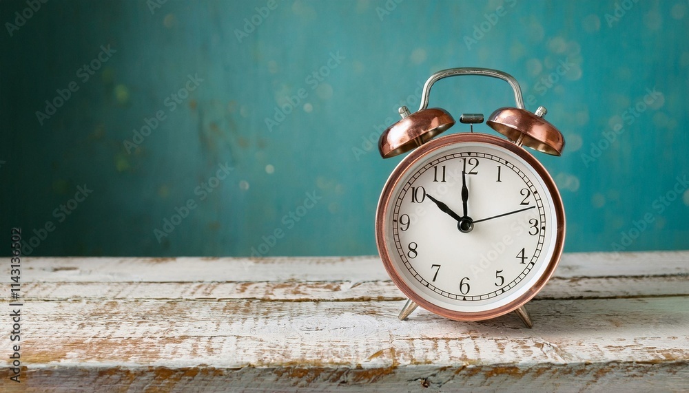 A classic alarm clock on an old-fashioned wooden desk,