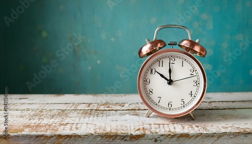 A classic alarm clock on an old-fashioned wooden desk,