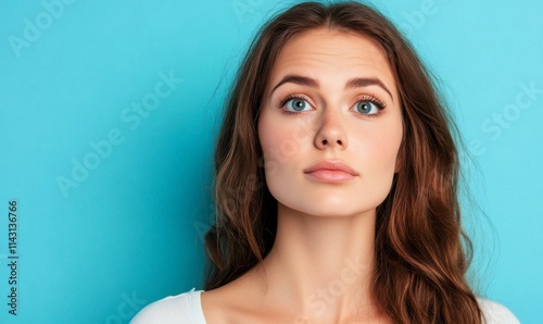 Portrait of a young attractive woman looking at the camera on a blue background