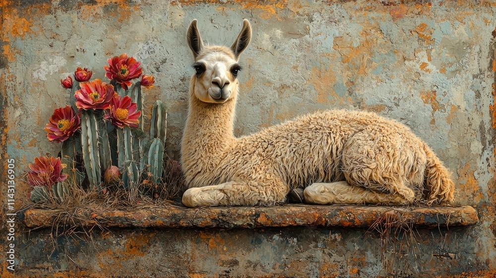 Obraz premium A charming llama lounges peacefully on a weathered surface, accompanied by colorful cacti and flowers. The sunlight enhances the scene's earthy tones and subtle textures
