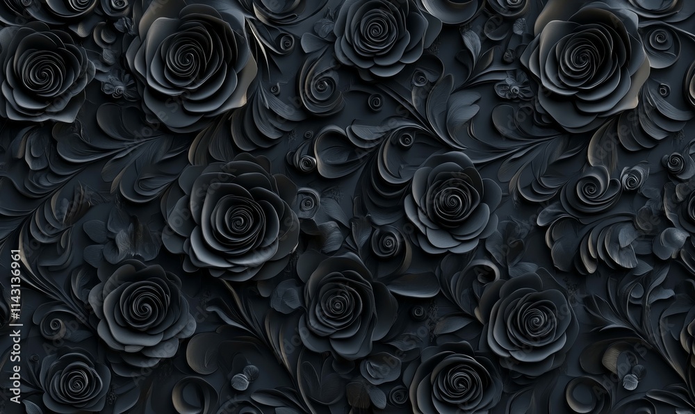 Intricate Dark Ornate Pattern Wallpaper. Black 3D Rosette Background. Intricate Dark Ornate Pattern Wallpaper. Black 3D Rosette Background.
