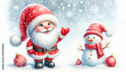 A cartoon image of Santa Claus in red clothes and a snowman