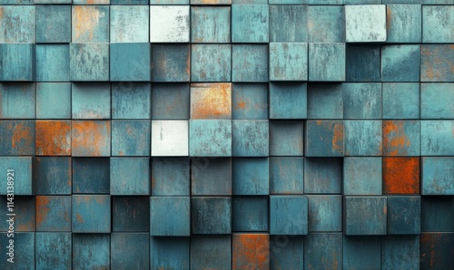 Square, Blue Patina Wall background with tiles. Glazed, tile Wallpaper with Polished blocks.