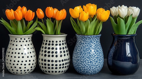 Colorful tulips in decorative vases create a vibrant display on a dark surface