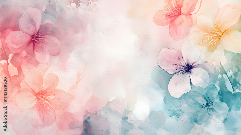 Obraz premium un fondo de flores en tonos pastel pintado en acuarela estilo romantico y tierno para plantilla o invtiacion con espacio de copia