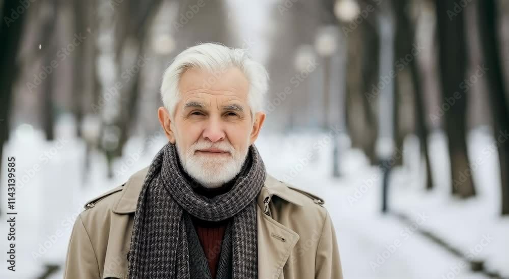 Elderly Caucasian man in winter attire, standing on snow-covered pathway with backdrop of leafless trees Elderly Caucasian man in winter attire, standing on snow-covered pathway with backdrop of leafless trees