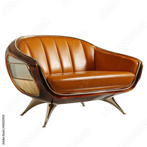 Stylish mid century modern loveseat with warm brown upholstery and sleek design