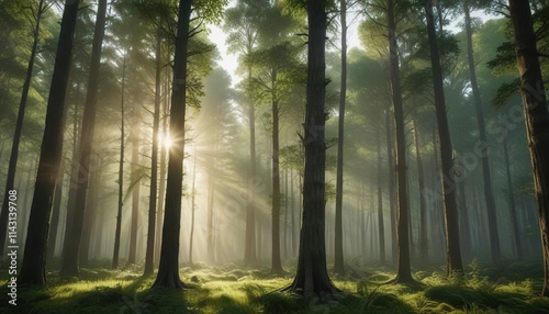 A beam of sunlight illuminates a stand of tall trees in a lush green forest, highlighting their vertical lines and textures, natural light, green forest