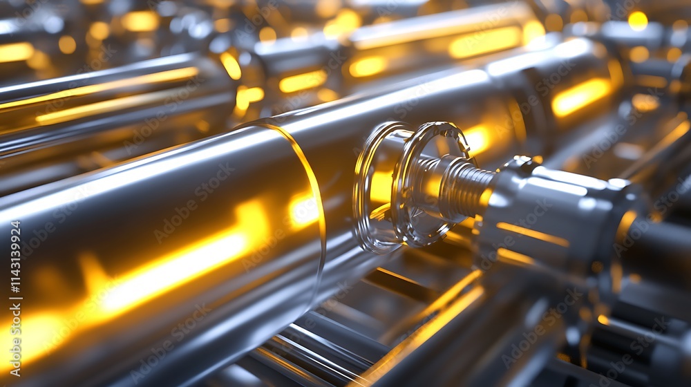 Naklejka premium Abstract Industrial Machinery: Glowing Chrome Pipes and Precision Engineering