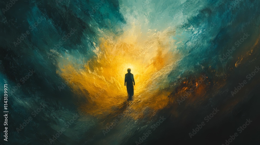Silhouette walks toward radiant, colorful light. Silhouette walks toward radiant, colorful light.