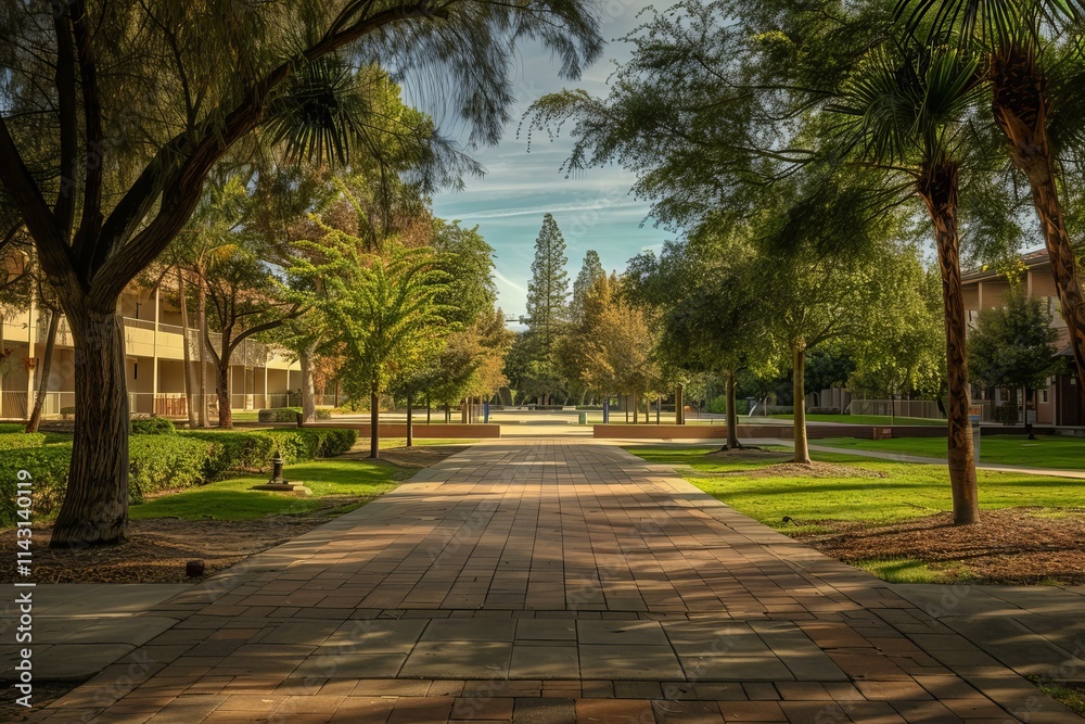 Obraz premium Paved path is leading through a tree lined college campus on a sunny day