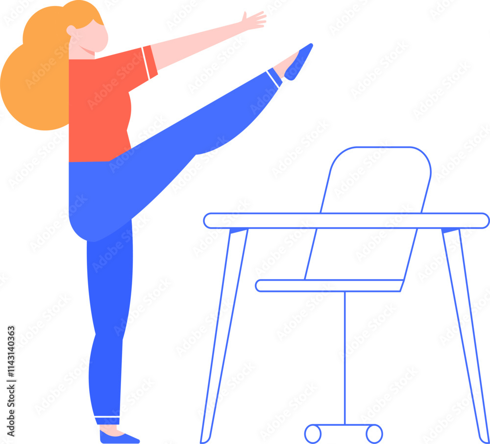 Fototapeta premium Office worker engaging in leg stretches beside desk and chair, enhancing workplace wellness and encouraging physical activity during breaks for improved health and productivity