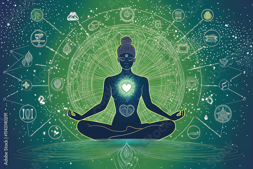 Yoga Lotus Position Surrounded by Chakras on Green Background Illustration