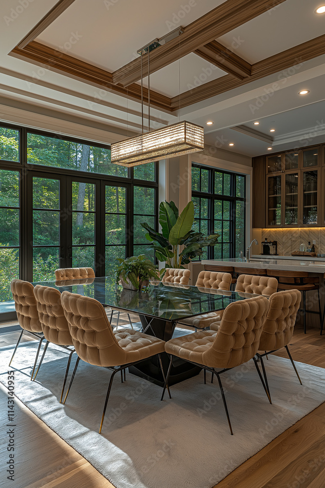 Obraz premium Photographie immobilière professionnelle d'une salle à manger moderne avec table en verre et vue sur le jardin, créant un espace lumineux et aéré