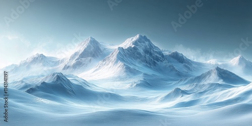 Minimalist winter landscape featuring serene snow-covered mountains under a clear blue sky