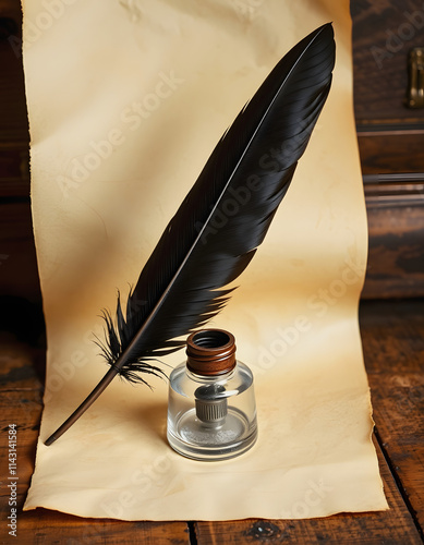 quill with inkstand on vintage paper background and wood table, retro style, with white tones
