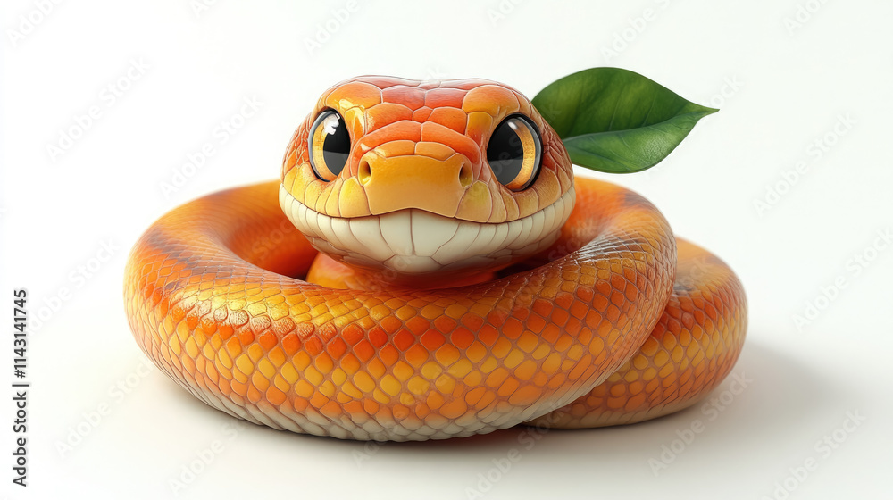 Fototapeta premium Cute 3D cartoon orange snake on white background, symbol of 2025, Christmas, Chinese New Year, character, reptile, fruit
