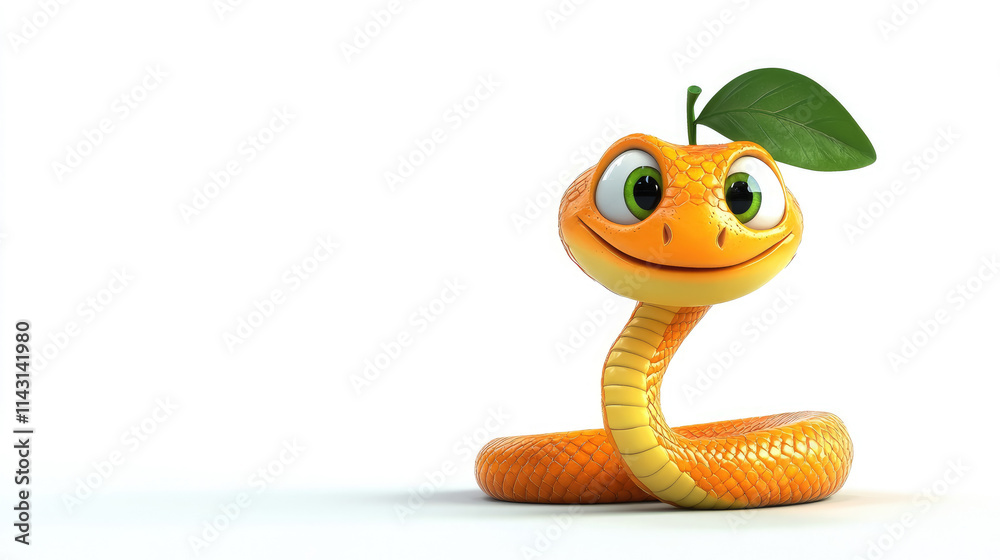 Fototapeta premium Cute 3D cartoon snake with orange tangerine on head on white background, symbol of 2025, Christmas, Chinese New Year, character, reptile, fruit