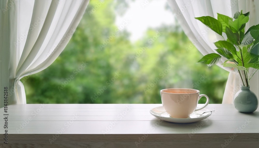 A tranquil scene with a mug of fragrant tea on a table, soft curtains in saran and a view of blue nature outside the window