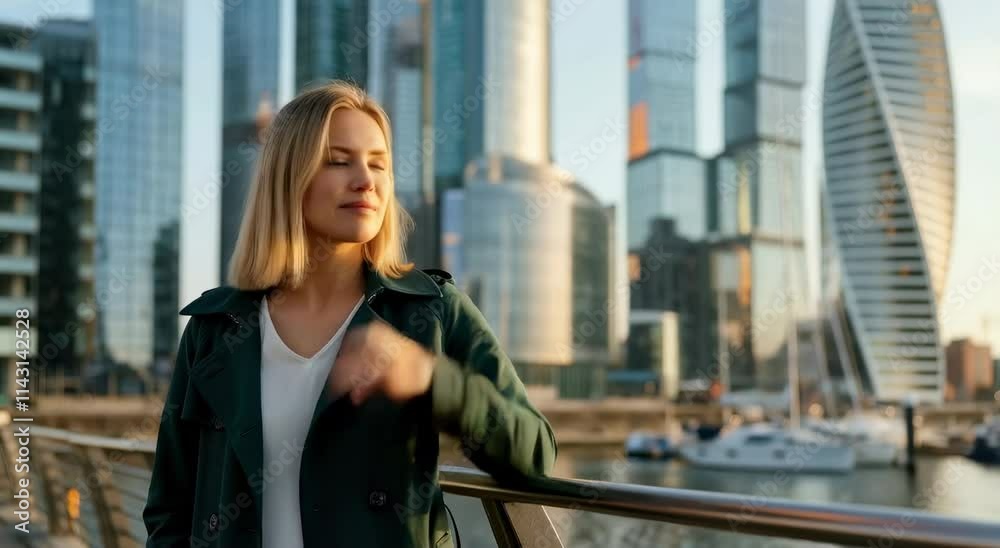 Smiling Caucasian woman standing near modern skyscrapers and boats