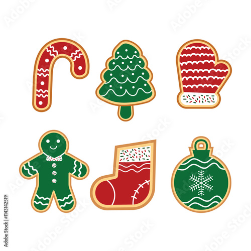 Cookies with gingerbread for Christmas celebrations. Christmas sugar cookie vector illustration set. Snowflakes, candy, a tree, a gingerbread man, and others.