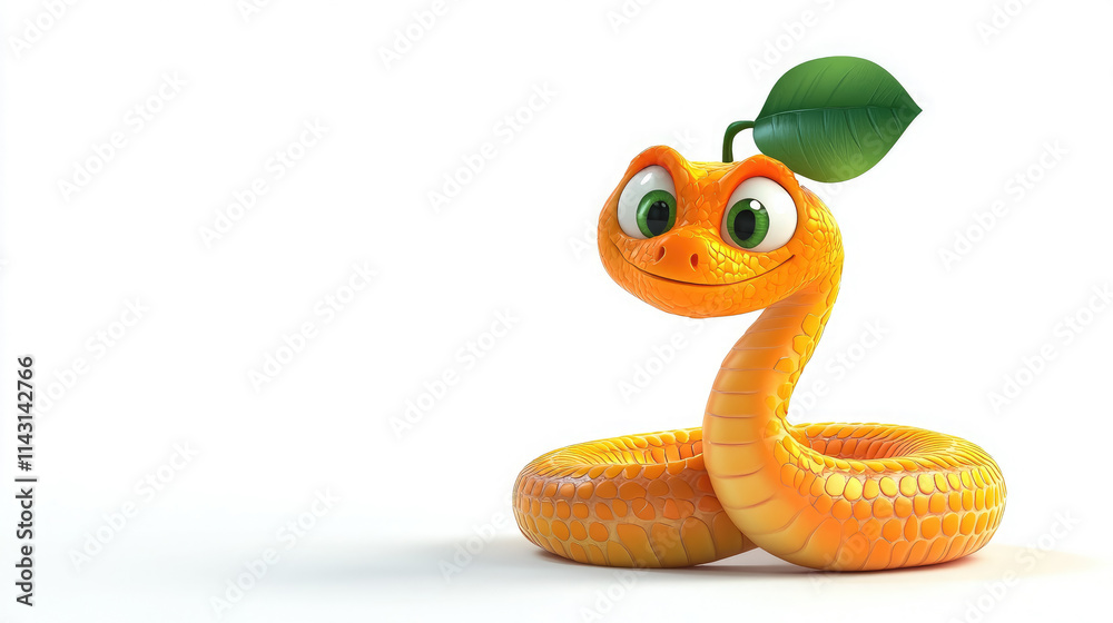 Fototapeta premium Cute 3D cartoon snake with orange tangerine on head on white background, symbol of 2025, Christmas, Chinese New Year, character, reptile, fruit