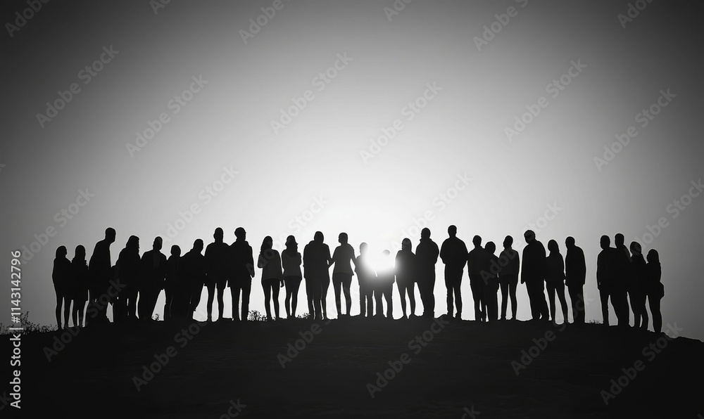 Silhouetted group against bright sky, observing. Silhouetted group against bright sky, observing.