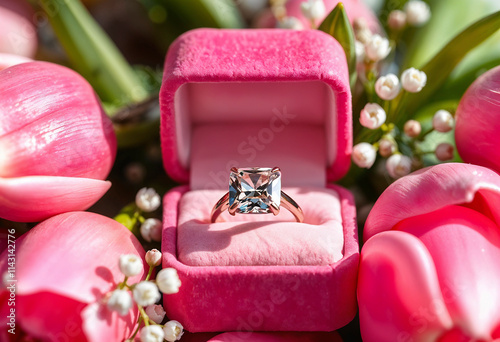 wedding rings on a pink velvet box. close up rings with diamonds for engagement. AI Generated	