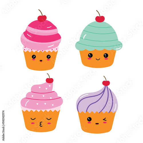 set of cute cupcakes illustration