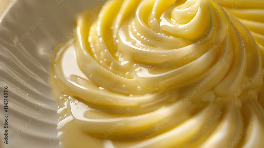 Close-up of Golden Yellow Butter Swirl on White Plate Highlighted by Natural Light Close-up of Golden Yellow Butter Swirl on White Plate Highlighted by Natural Light