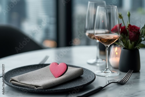 romantic date night, a romantic valentines dinner a table with city views, love decorations, and elegant cutlery the perfect setting photo