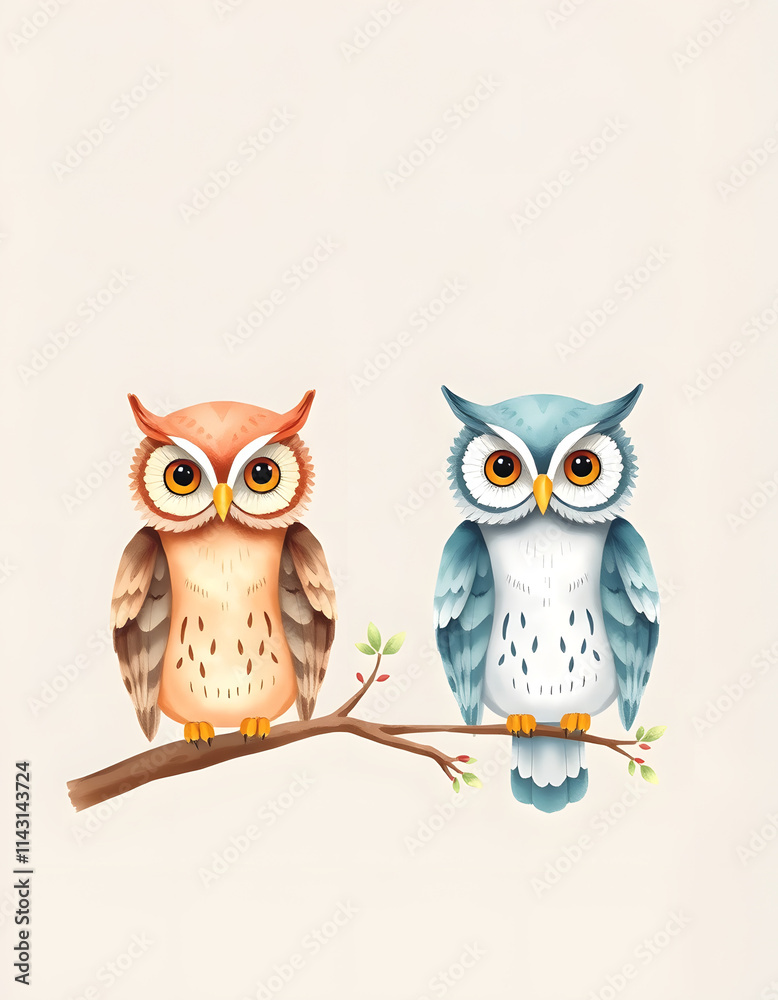 Fototapeta premium Watercolor cute boho owls. Watercolor owl. Watercolor forest baby animal print, flat design, with white tones