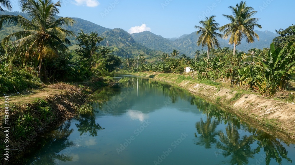 Calm canal reflecting lush tropical landscape with mountains. Calm canal reflecting lush tropical landscape with mountains.