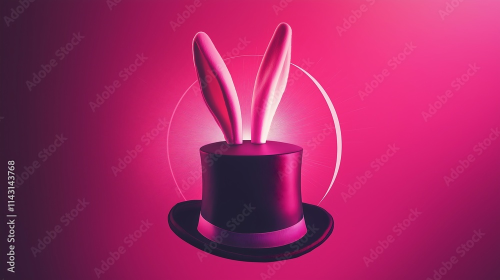 A magician's top hat with bunny ears comically popping out. The backdrop is bold magenta with a faint white circle emphasizing the hat A magician's top hat with bunny ears comically popping out. The backdrop is bold magenta with a faint white circle emphasizing the hat