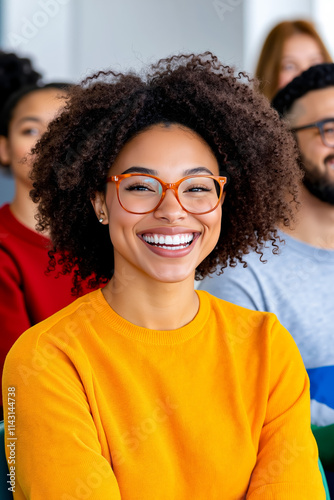 A group of people sitting in a classroom smiling at the camera